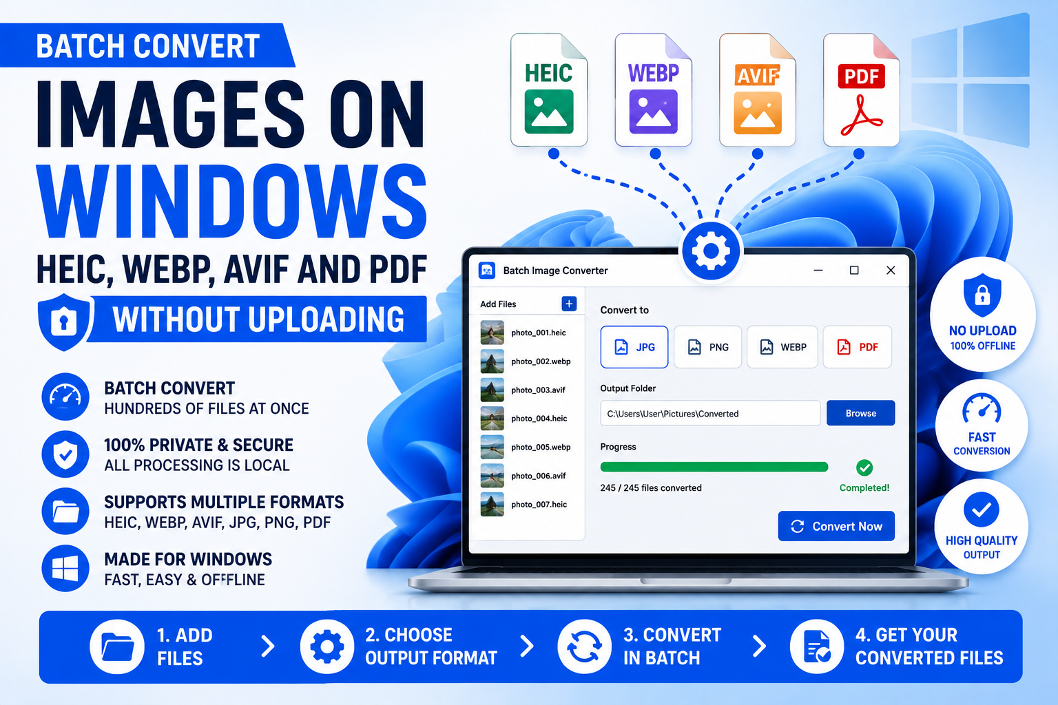 Batch Convert Images on Windows: HEIC, WEBP, AVIF and PDF Without Uploading